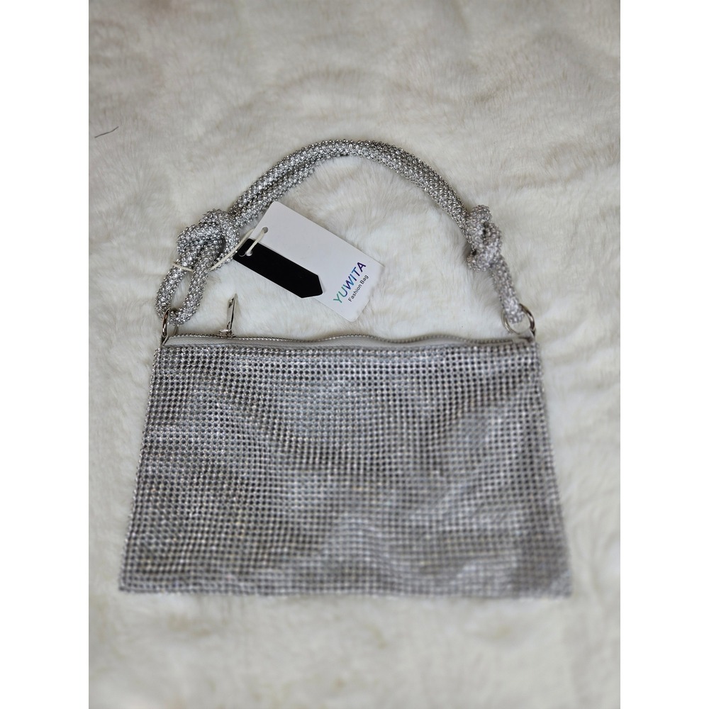 Yuwita Silver Rhinestone Mesh Evening Bag Knotted Handle Crystal Clutch New Glam